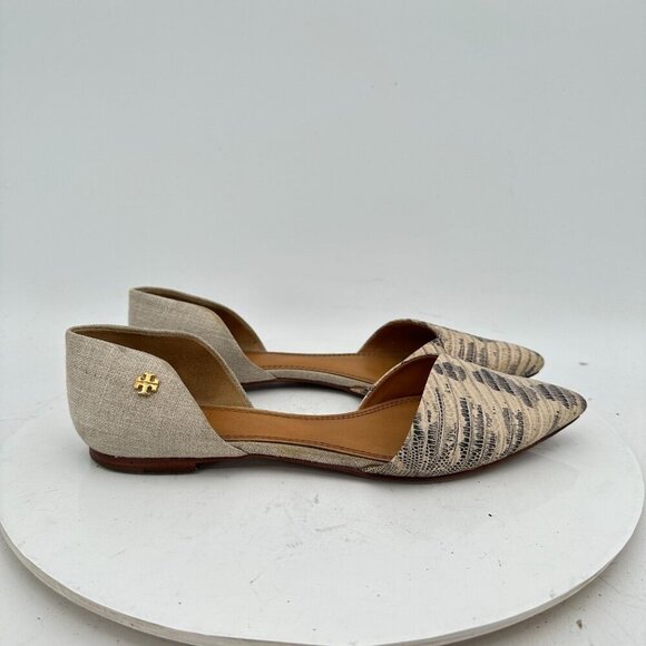 Tory Burch D'Orsay Viv Women Size 7M Lizard Leather Linen Pointed Toe Flat Shoes - Picture 4 of 12